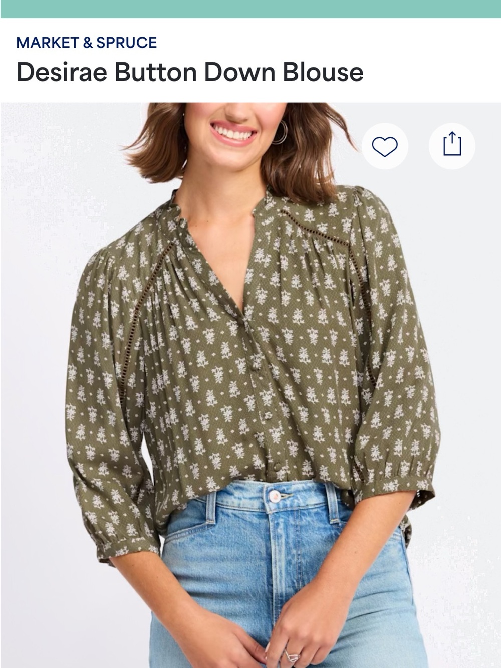 Market & Spruce Olive Green Floral Split-Neck Peasant Blouse